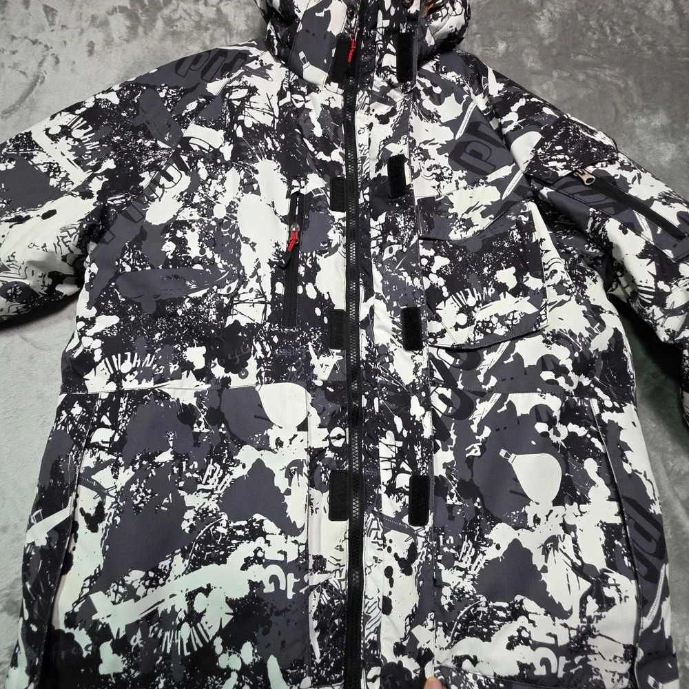 Bimodal Mens XL Ski Jacket Black White Abstract Graphic Hooded Winter Coat Coat